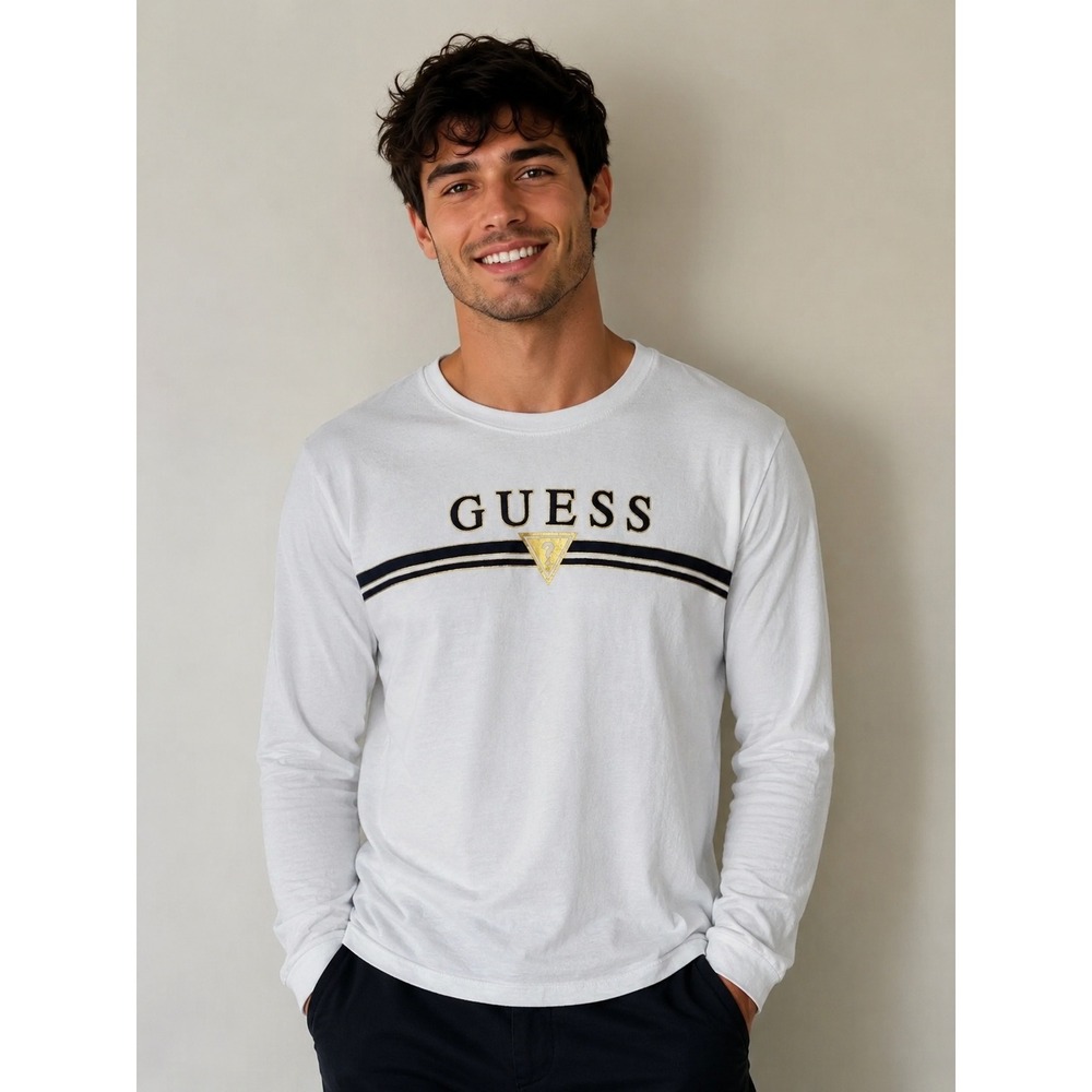 GUESS Mens White Long Sleeve Graphic Logo Tee‎ Shirt Gold Foil Navy Stripe M Y2K